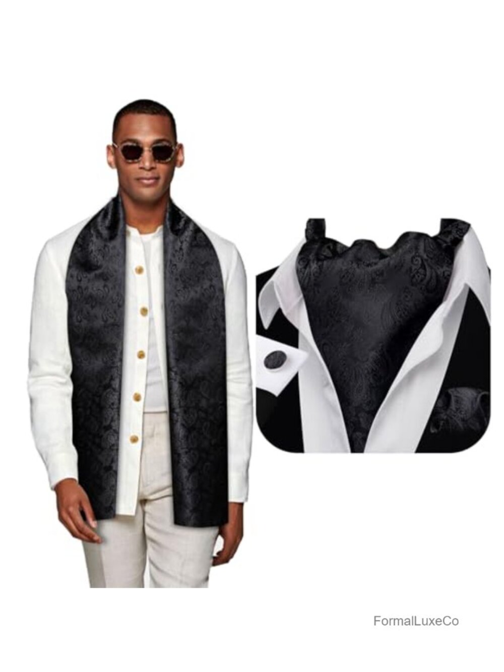 Men's Silk Paisley Scarf & Ascot Tie Set with Pocket Square, Cufflinks & Formal